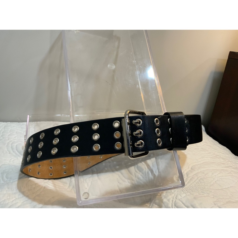 Stylish Black Genuine Leather Belt with Silver Buckle Grommet Unique - Picture 3 of 12